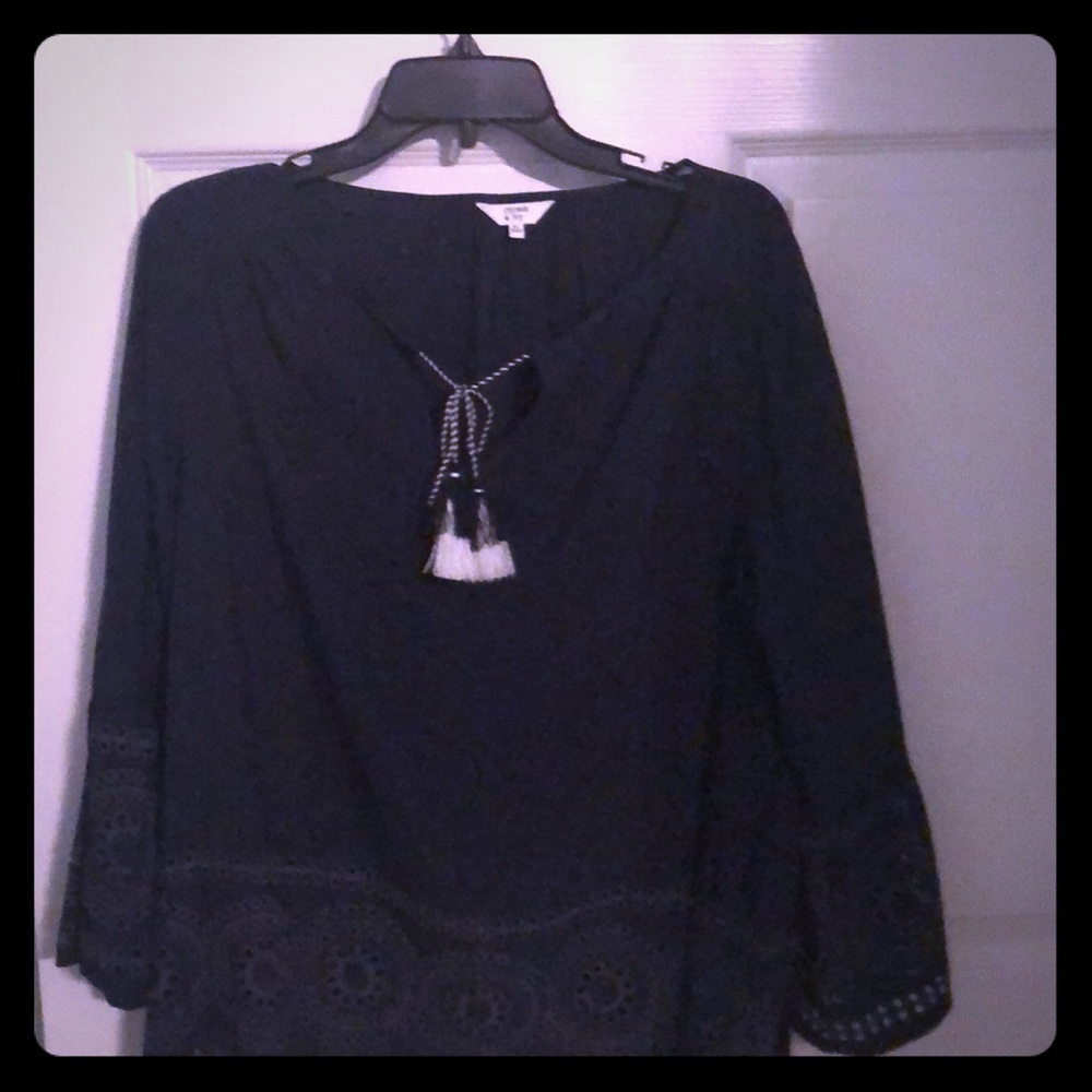 Navy smocked top with bell sleeves